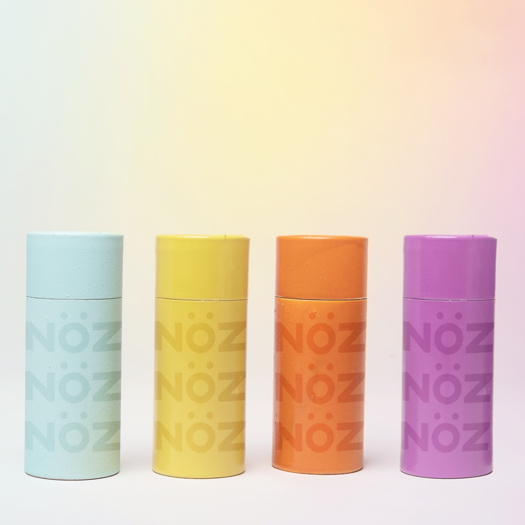 Front view of NÖZ Sunscreen in Blue, Yellow, Orange and Purple